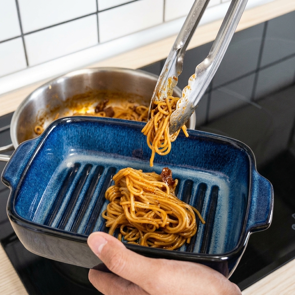 Metal tongs transferring saucy black pepper beef spaghetti into a dark blue ceramic baking dish.
