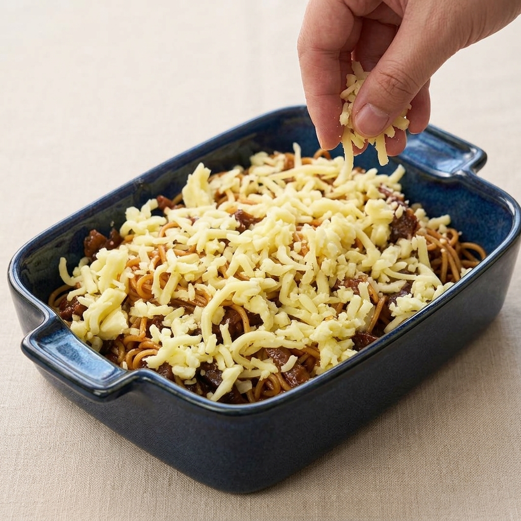 A hand sprinkling shredded pale yellow cheese over a blue baking dish filled with spaghetti and beef.