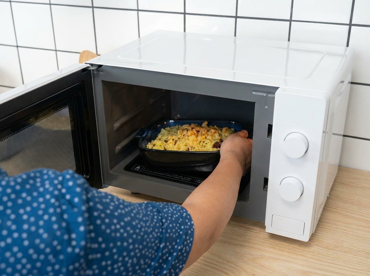 A person placing a blue ceramic dish filled with cheese-covered spaghetti into an open white microwave oven.
