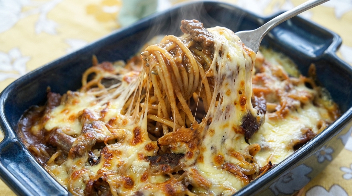 Quick Cheese Baked Black Pepper Beef Spaghetti