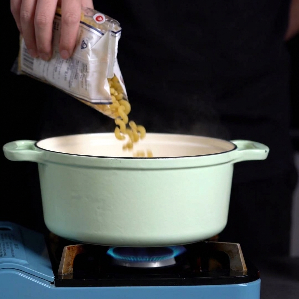Hands pouring dry elbow pasta from a clear plastic bag into a light green pot of boiling water.