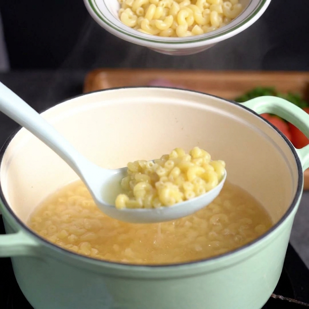 A white slotted spoon lifting plump, cooked elbow pasta out of a light green pot of hot water.