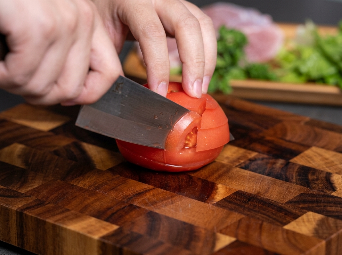 Hands using a cleaver to dice a fresh red tomato into chunks on a wooden block cutting board.