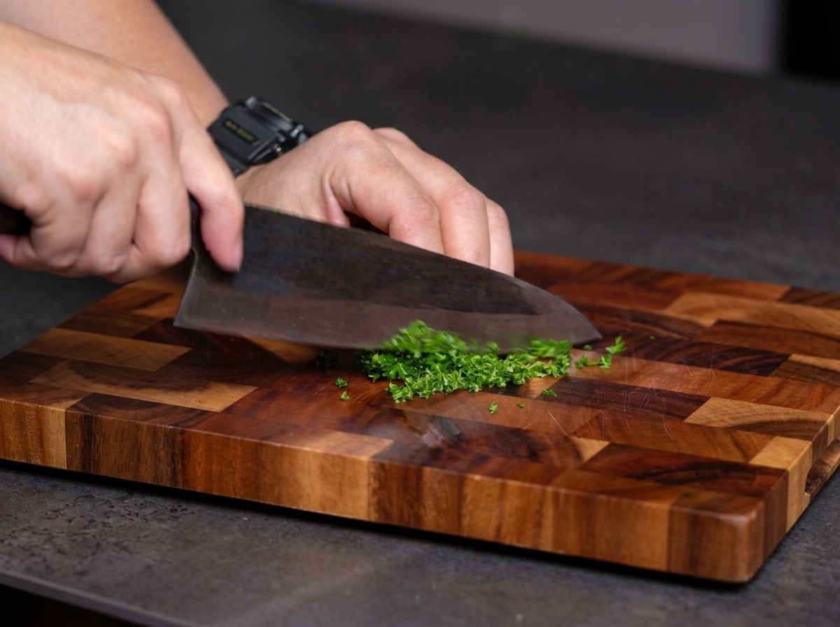 Hands finely chopping fresh green parsley on a wooden cutting board with a chefs knife.