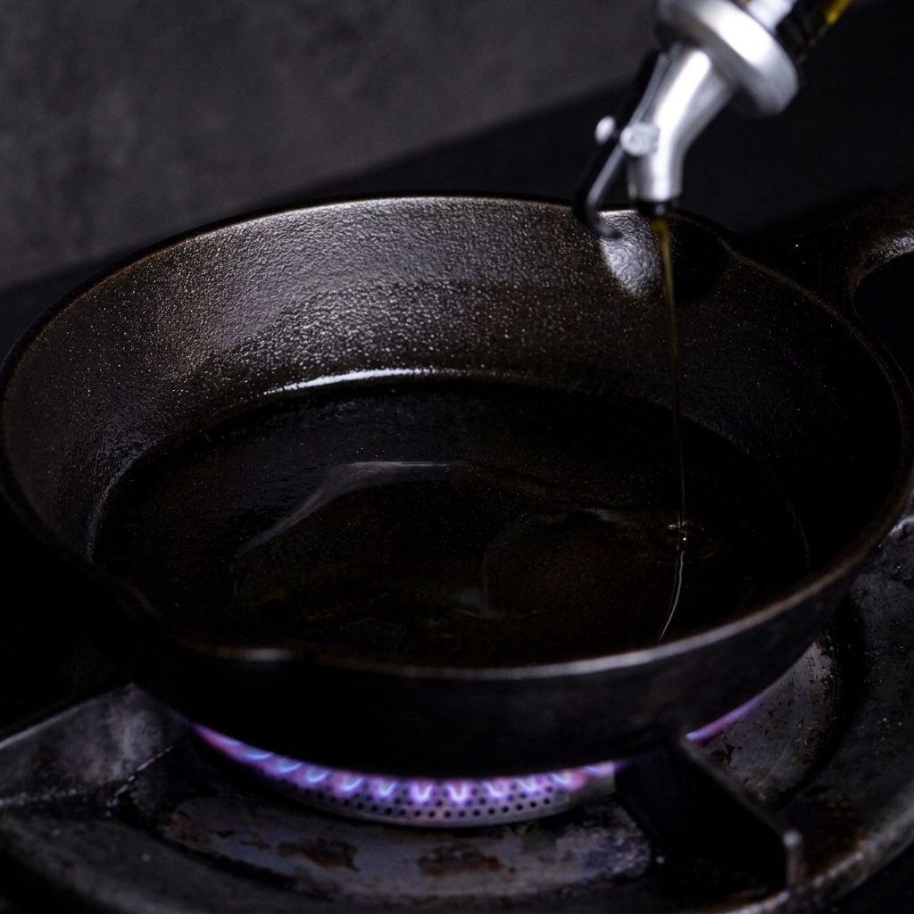 Olive oil being poured from a glass dispenser into a hot black cast iron skillet sitting over a blue gas flame.