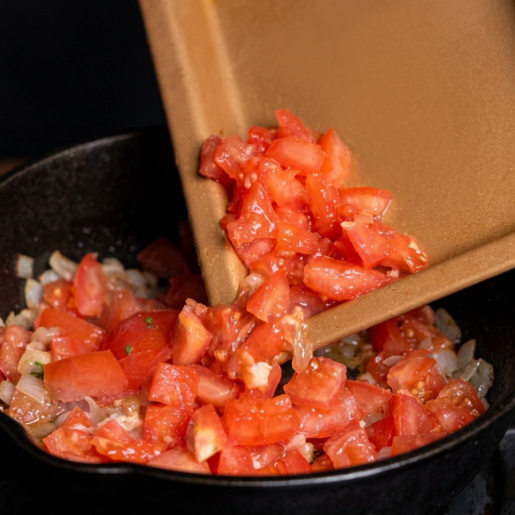 Diced red tomatoes sliding off a tray into a hot skillet with cooked meat and onions.