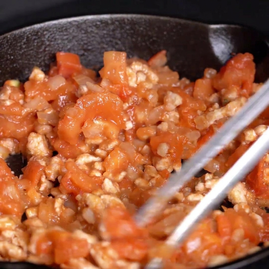 Metal tongs stirring a simmering mixture of diced tomatoes, onions, and meat in a skillet.