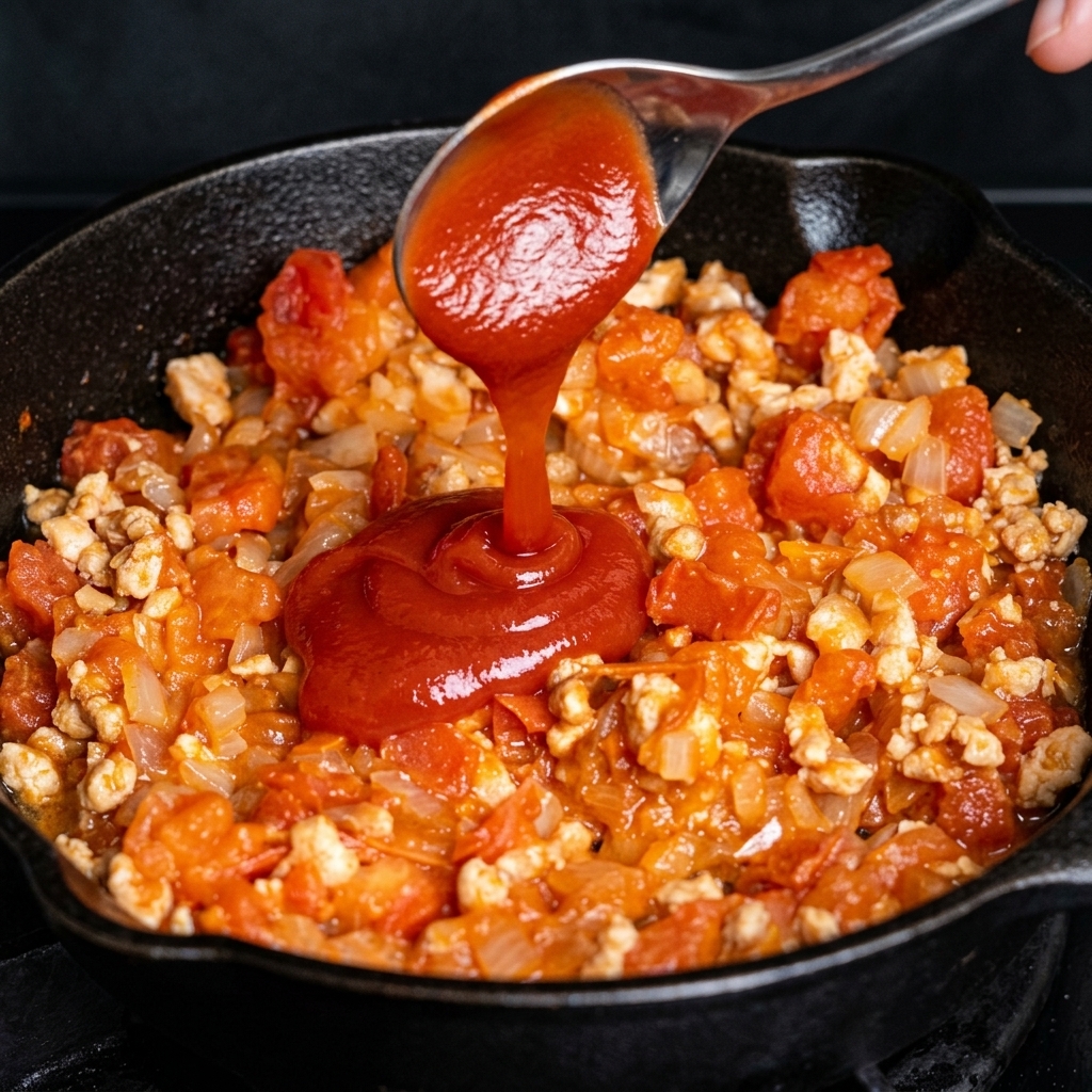 A spoonful of bright red ketchup being poured into a simmering pan of tomato and meat sauce.