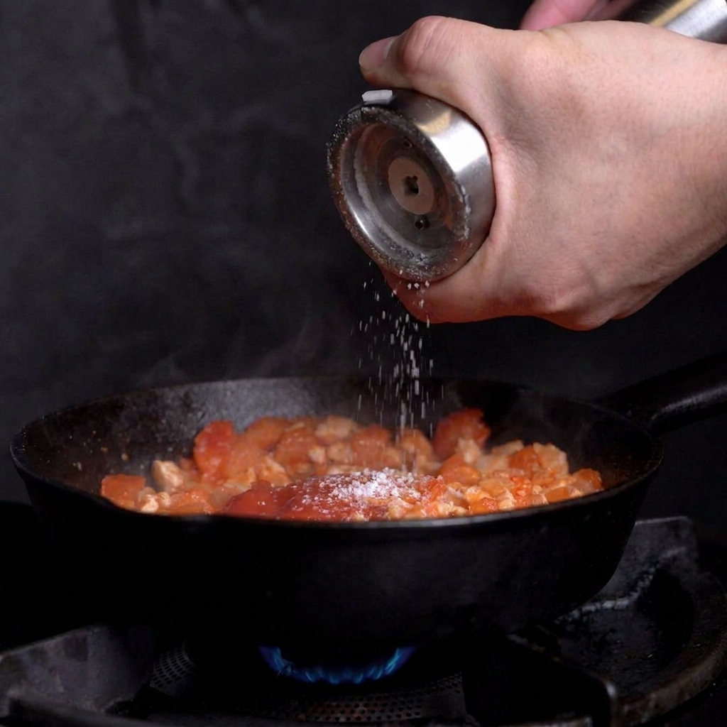 Freshly ground salt and black pepper being sprinkled over a simmering skillet of tomato meat sauce.