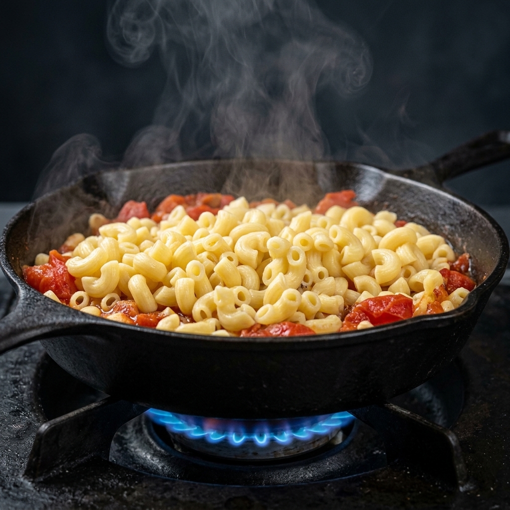 Steaming hot elbow pasta being poured over a rich tomato meat sauce in a black cast iron skillet.