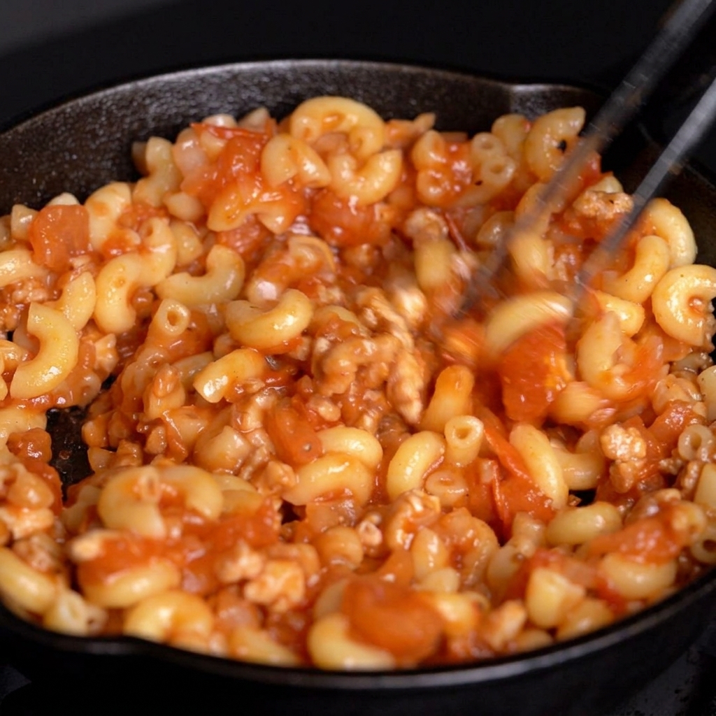 Metal tongs mixing elbow macaroni evenly into a red tomato and meat sauce.