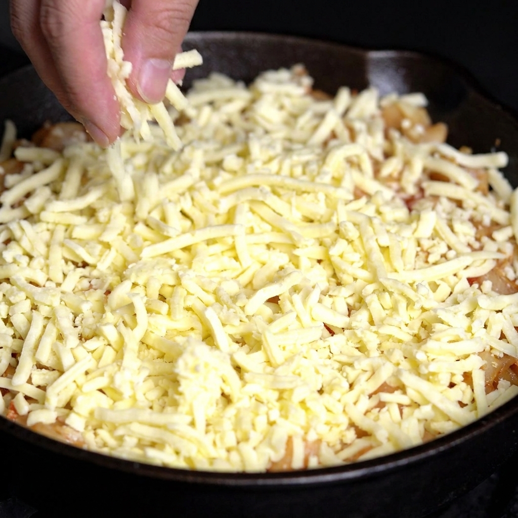 A hand sprinkling a thick, even layer of shredded white mozzarella cheese over a skillet of cooked pasta.