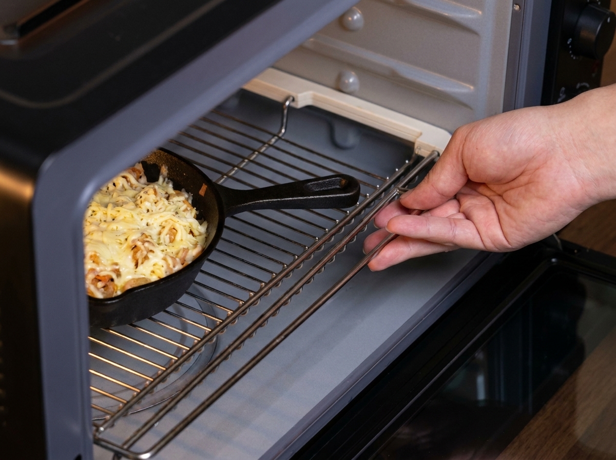 A person placing a cast iron skillet filled with cheesy pasta into a preheated oven.