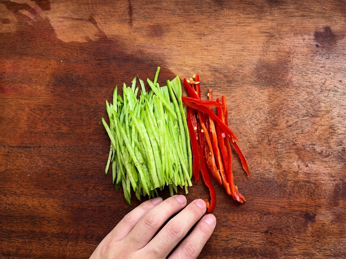 Julienned green and red bell pepper strips laid out on a wooden cutting board next to a hand.