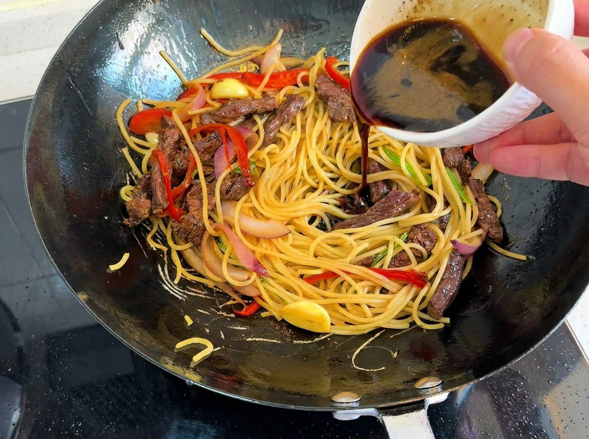A hand pouring a dark, rich sauce from a white bowl over a wok filled with cooked spaghetti, beef strips, and sliced bell peppers.