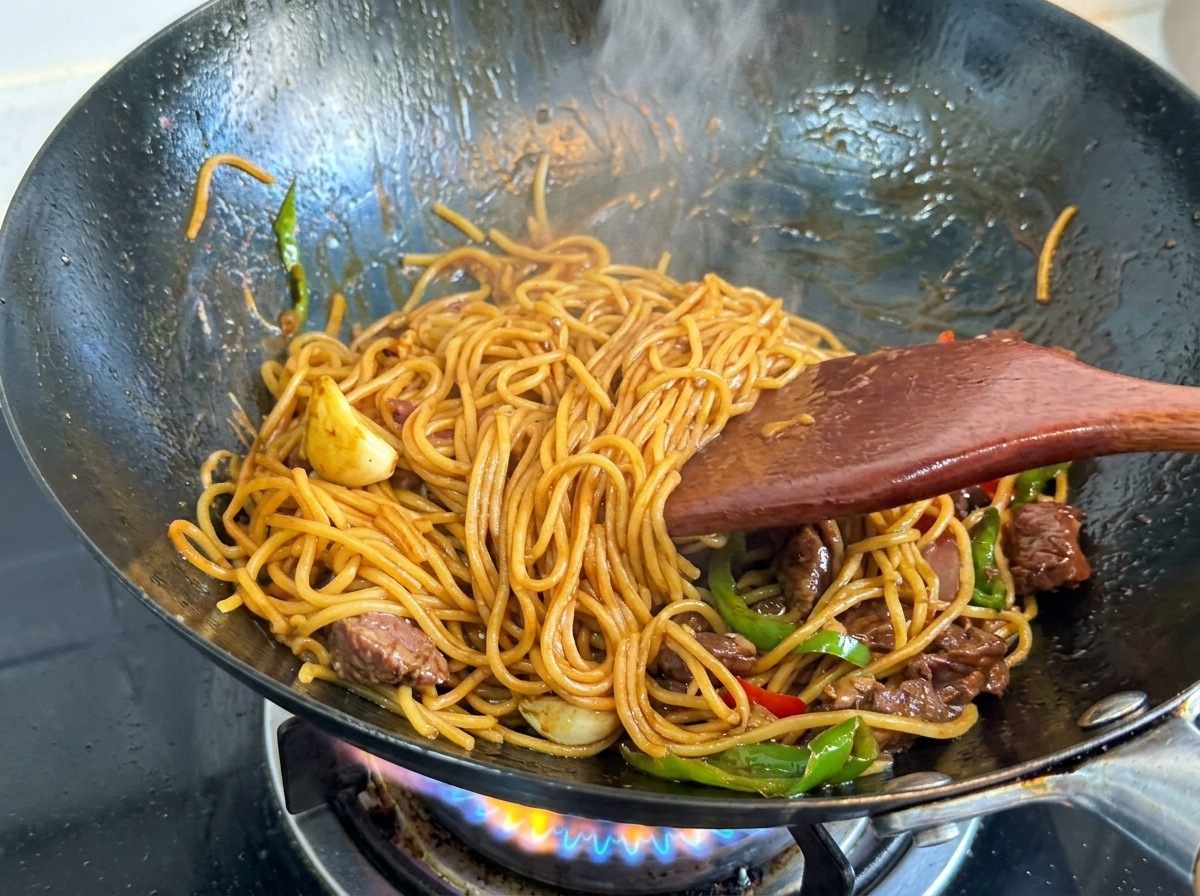 A wooden spatula tossing spaghetti noodles, beef pieces, and bell peppers in a wok, thoroughly coating them in a thick, glossy dark sauce.