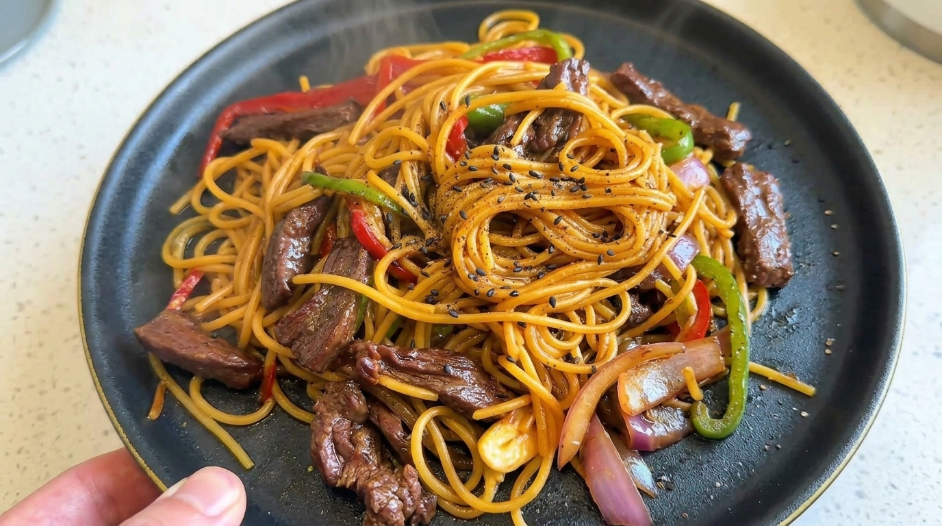Savory Black Pepper Beef Spaghetti