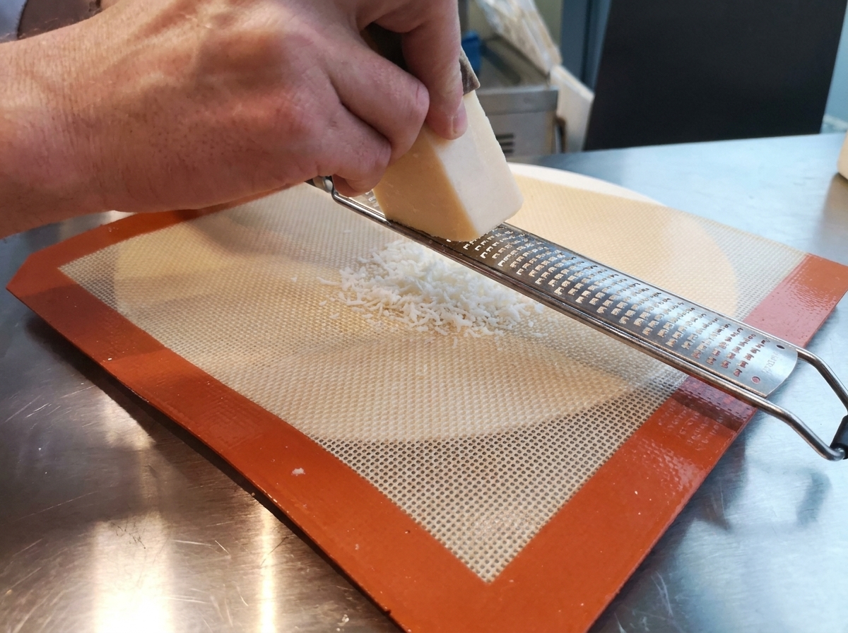 Hands using a small offset spatula to shape a pile of grated Parmesan cheese into a rectangle on an orange bordered silicone baking mat.