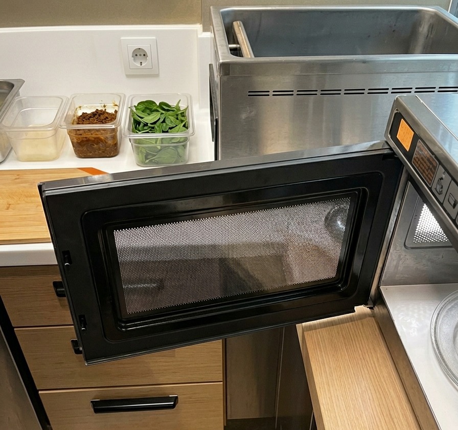 An open commercial microwave positioned next to a cutting board on a kitchen counter.