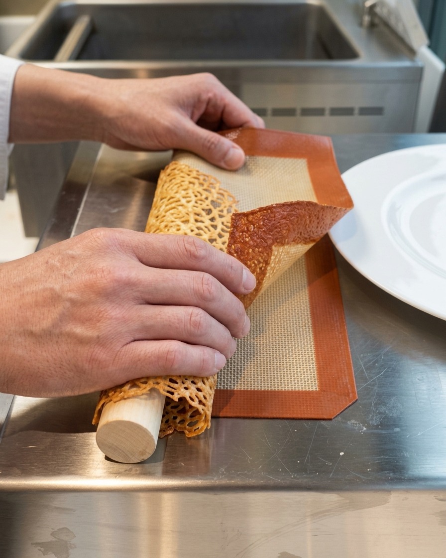 Hands gently pressing a hot, net-textured cheese crisp around a wooden rolling pin to shape it.