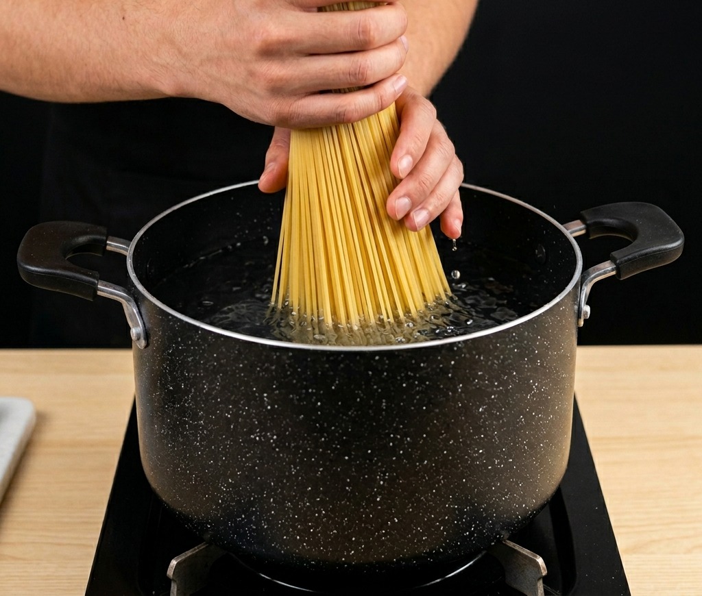 Hands gripping a vertical bundle of dry spaghetti and pressing it down into a black pot of boiling water.