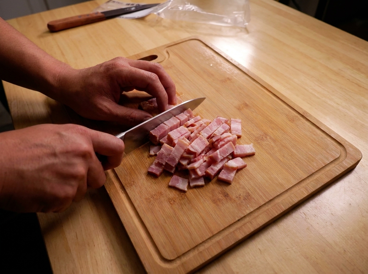 Hands using a knife to slice a thick slab of raw bacon into small cubes on a wooden cutting board.