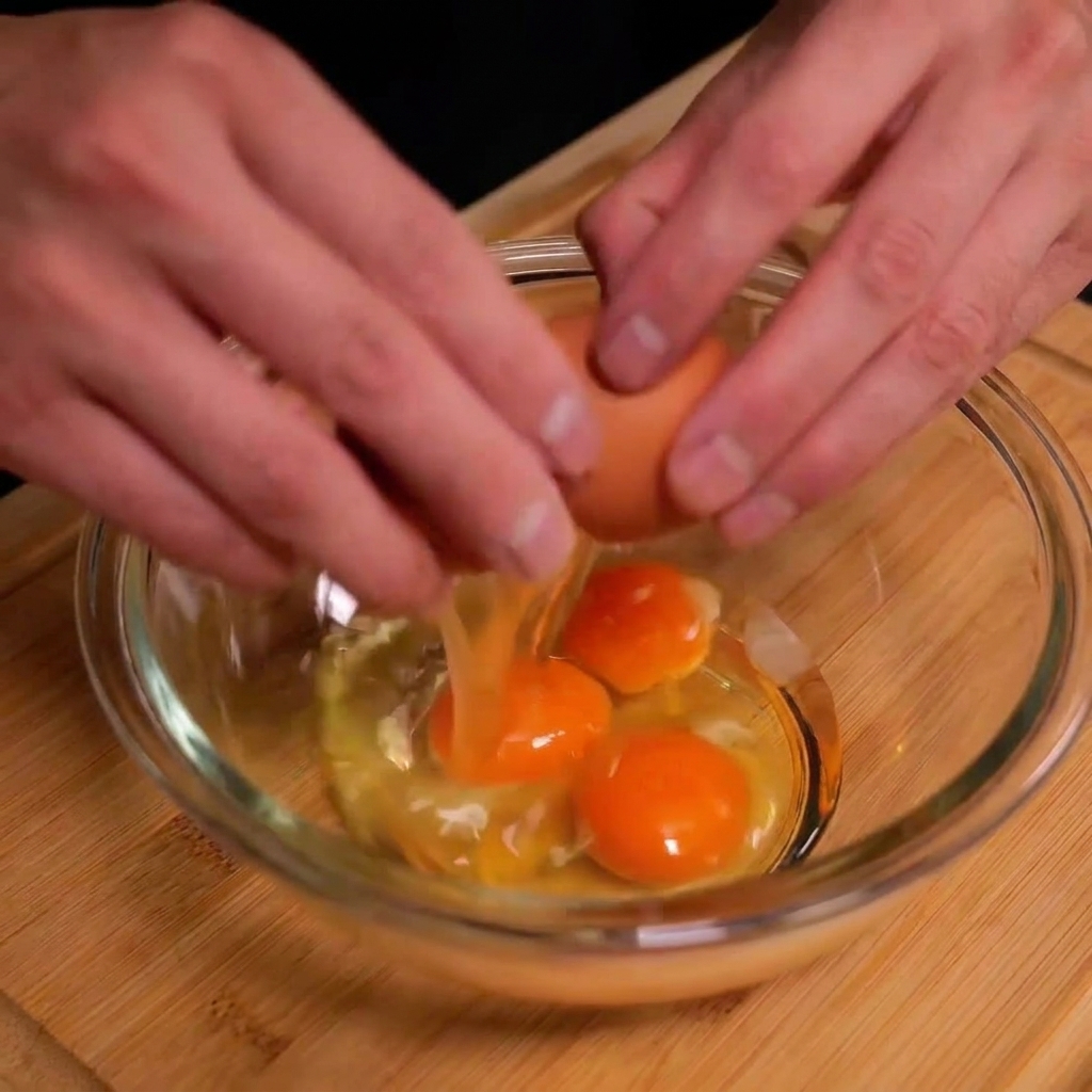 Hands cracking open an egg shell directly over a small glass bowl containing multiple bright orange egg yolks.