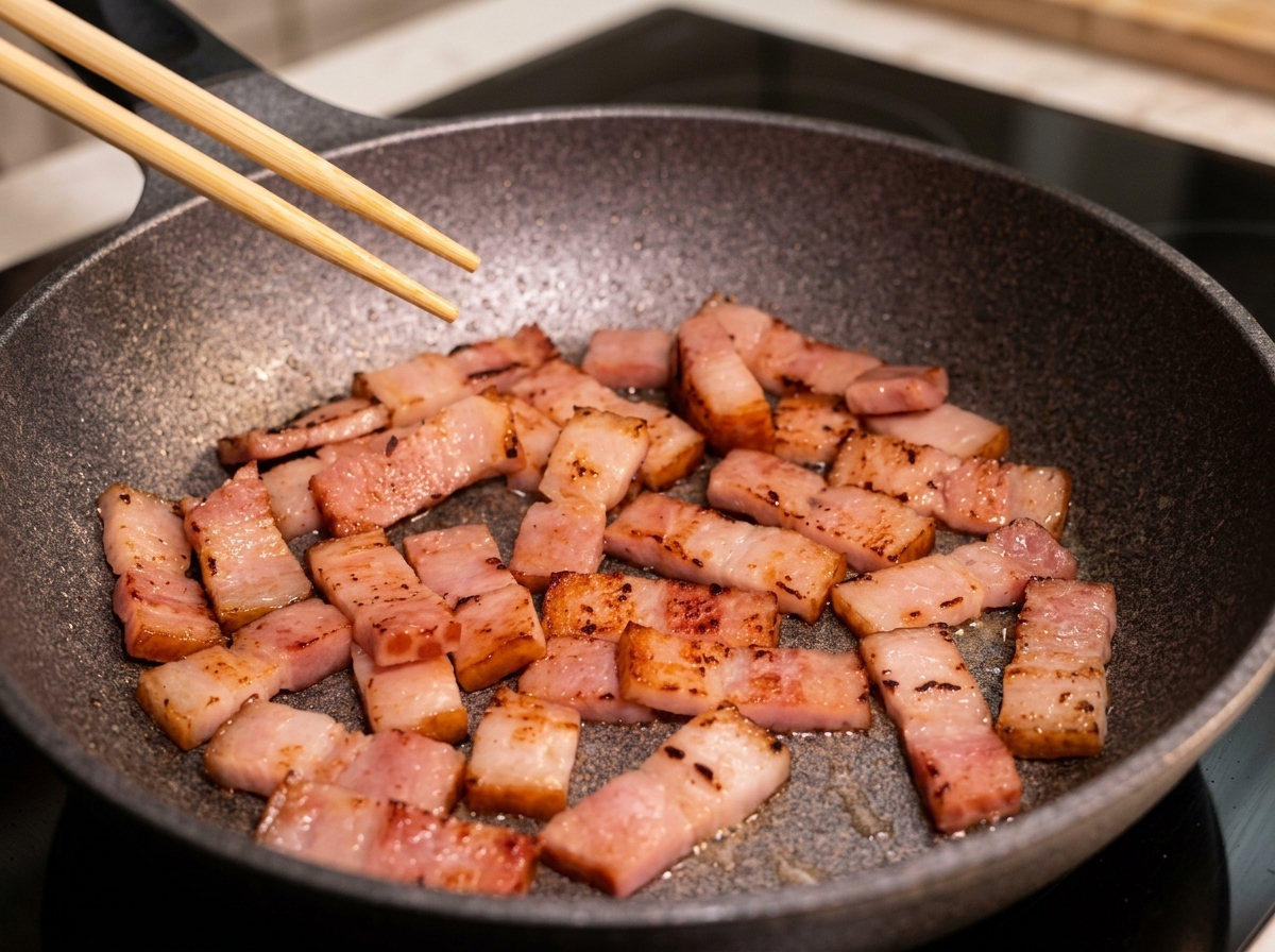 Small chunks of browned, crispy bacon frying in rendered fat in a hot skillet, being stirred with wooden chopsticks.