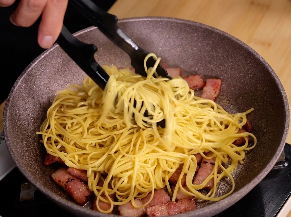 Black tongs lifting hot spaghetti noodles into a speckled pan filled with browned bacon pieces.