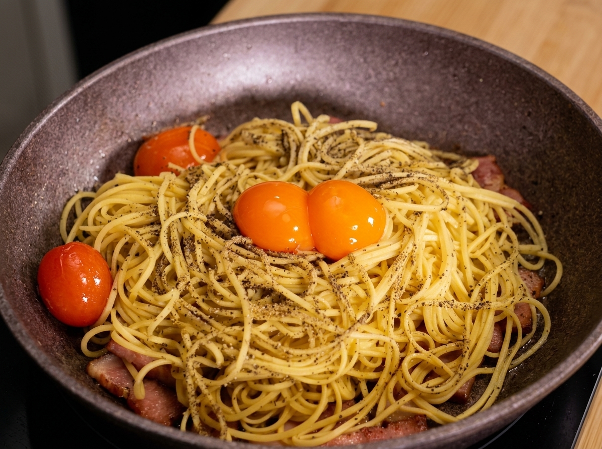 Two bright orange raw egg yolks resting on top of black-pepper-seasoned spaghetti and bacon inside a pan.