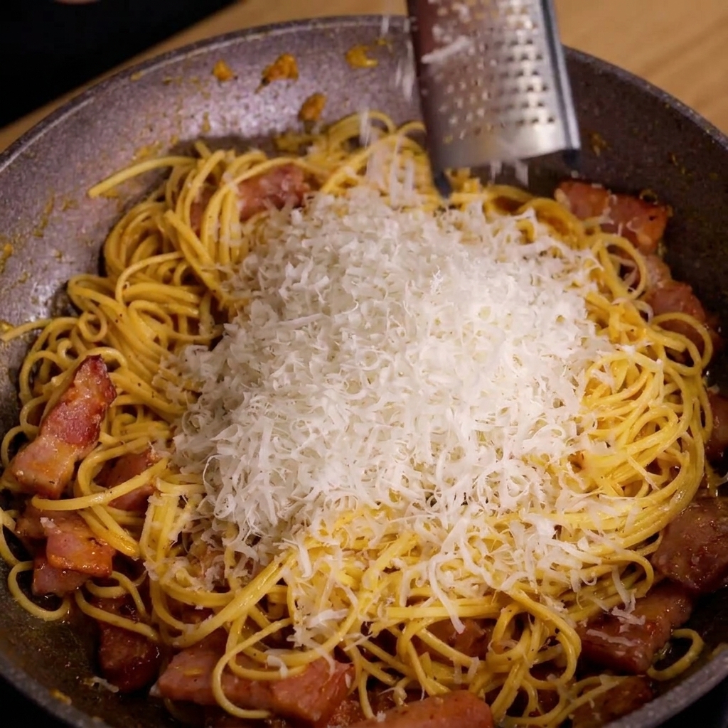 A metal hand grater showering fine shreds of Parmesan cheese over a pan of spaghetti and bacon.