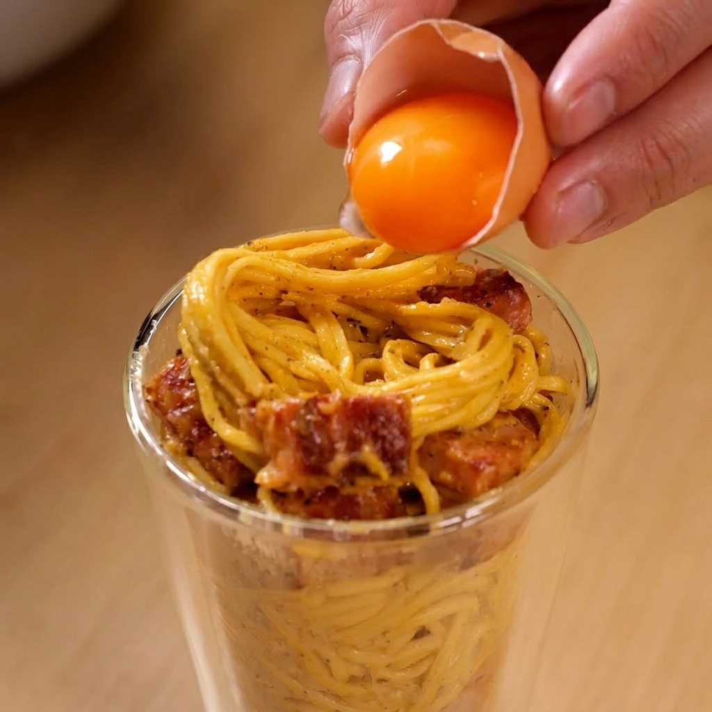 A hand dropping a bright orange raw egg yolk from an eggshell onto the center of cooked pasta and bacon layered in a clear glass.