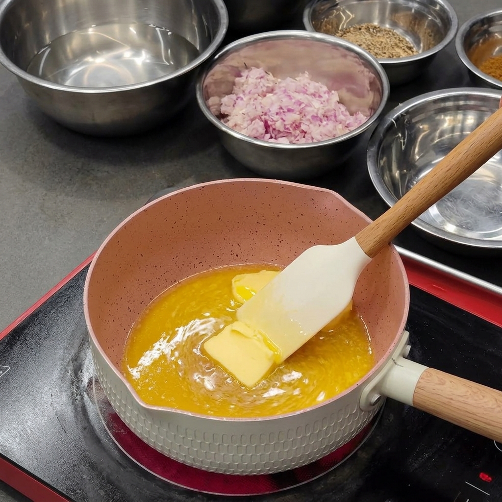 A block of yellow butter melting in a pink saucepan with a silicone spatula.