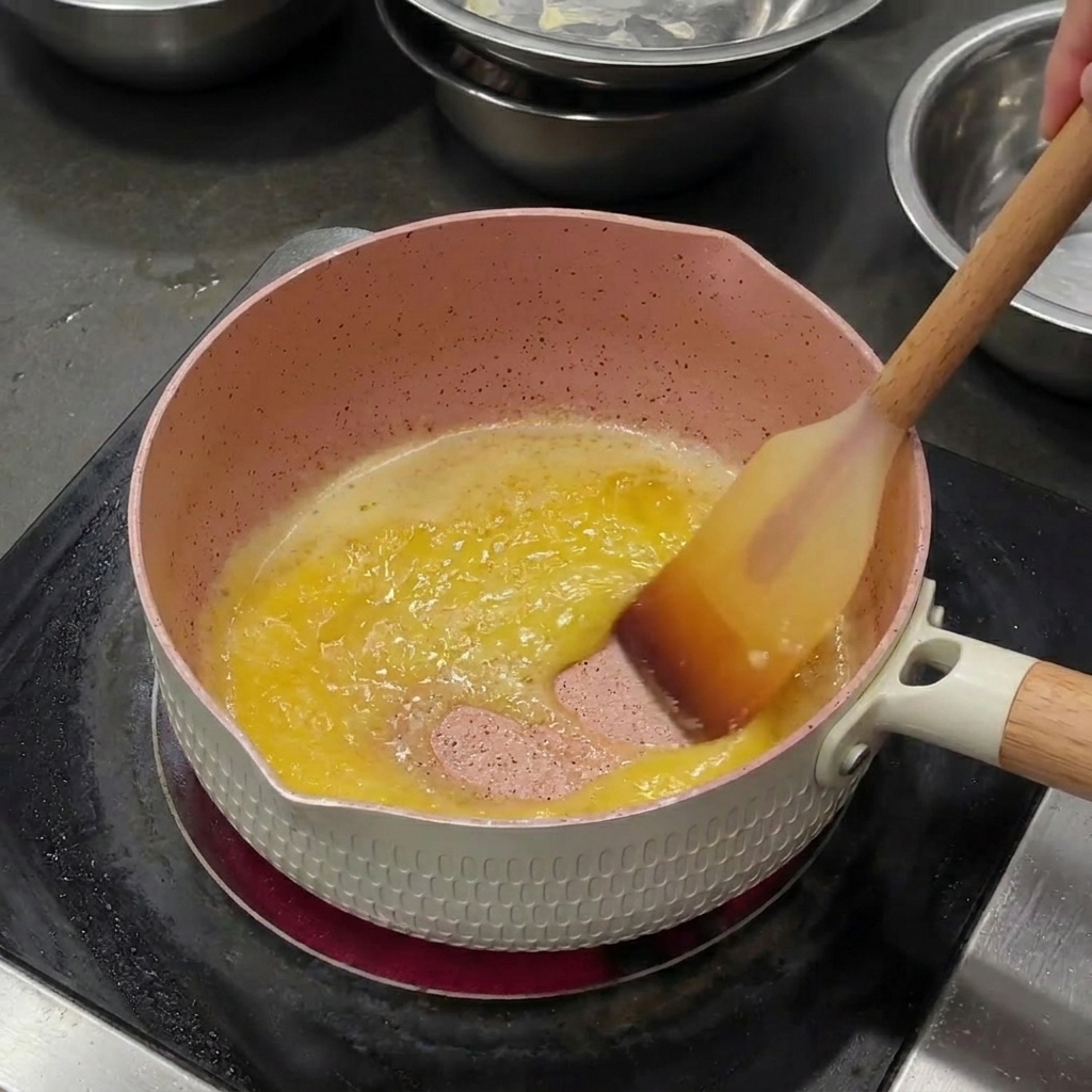 Melted, bubbling yellow butter in a pink saucepan being stirred with a spatula.