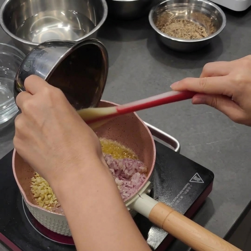 Pouring a generous amount of finely minced purple onions and garlic from a metal bowl into a pan of melted butter.