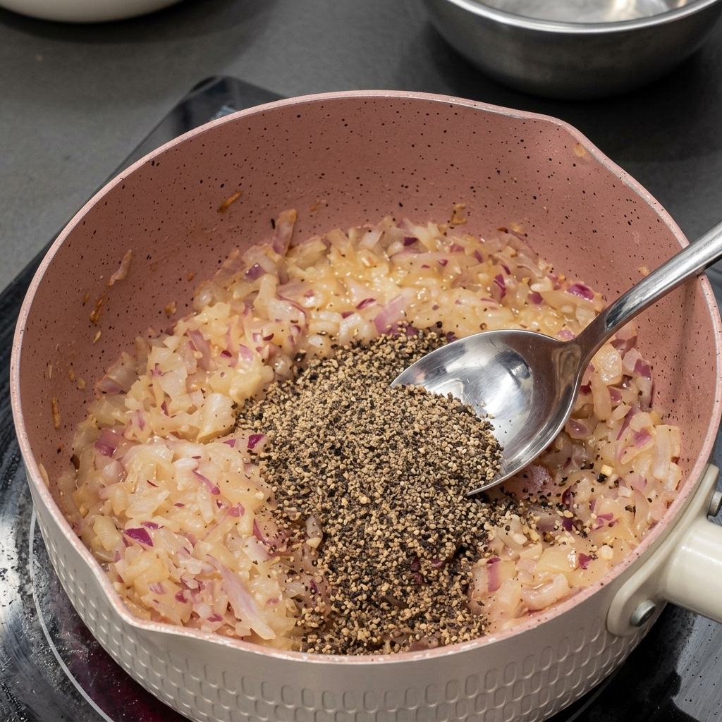 Adding a large spoonful of coarsely ground black pepper to a mixture of sautéed onions and garlic.
