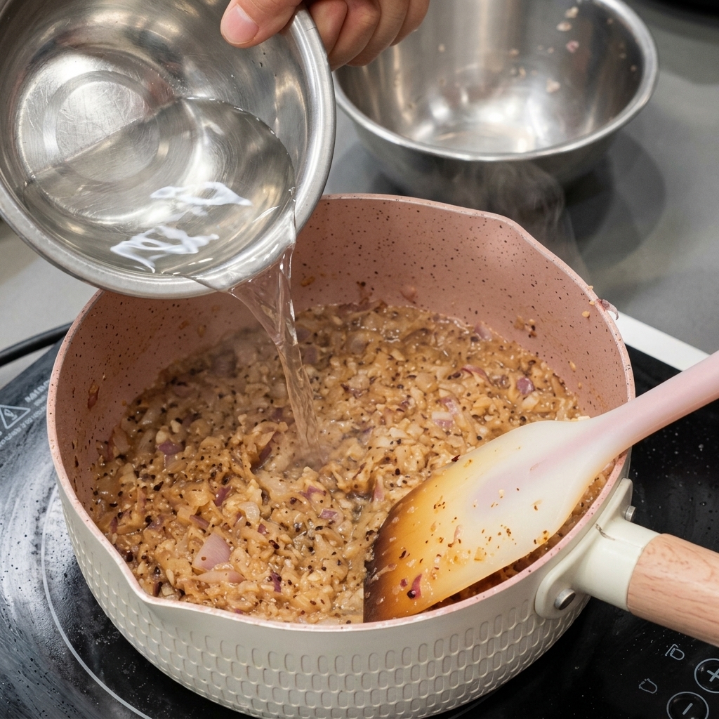 A hand pouring a clear liquid from a metal bowl into a pink pan containing a cooked, dark onion and pepper mixture.