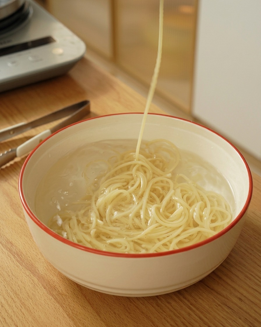 Lifting cooked spaghetti noodles out of a white bowl filled with cold water.