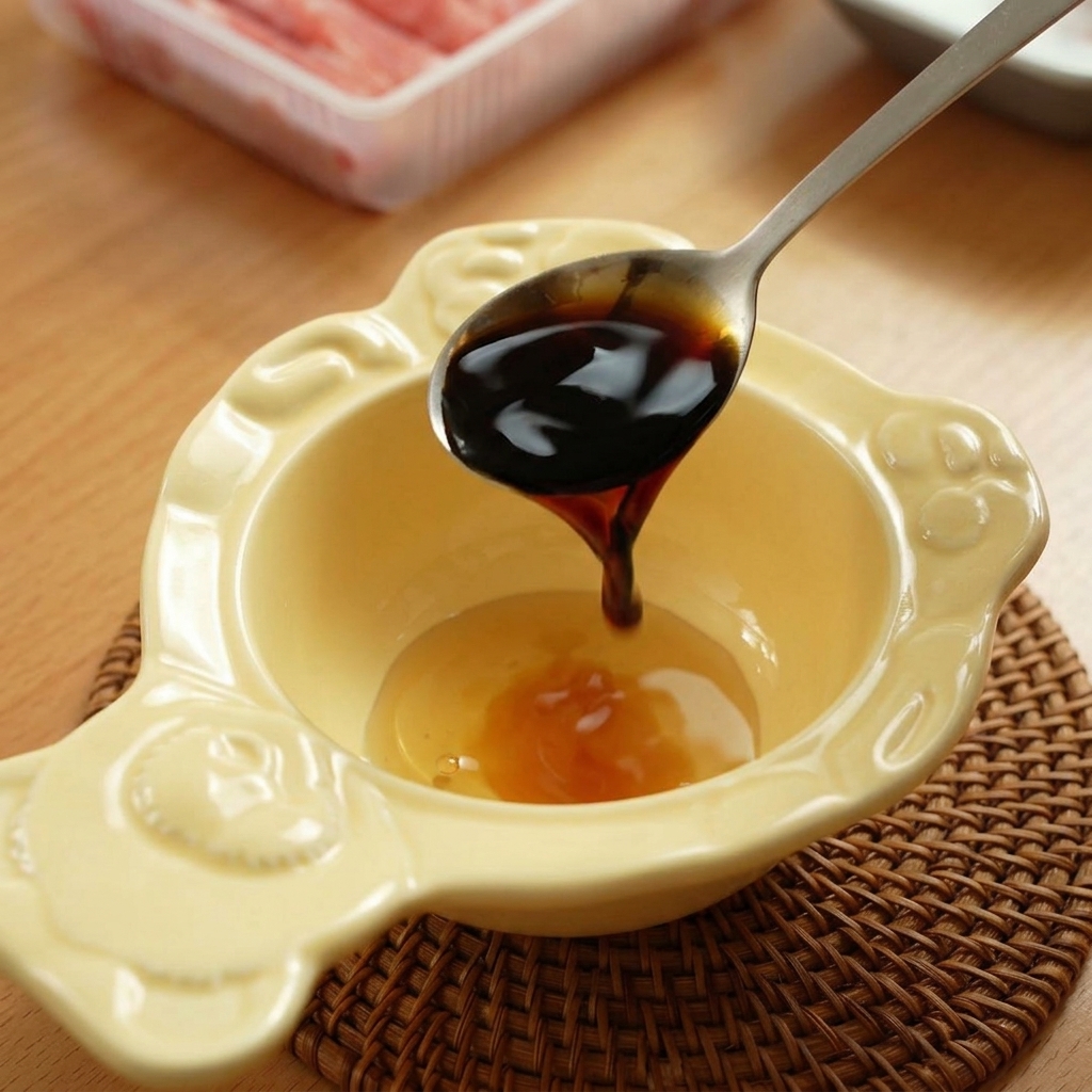 A metal spoon stirring a dark, savory liquid sauce mixture in a small yellow bear-shaped bowl.