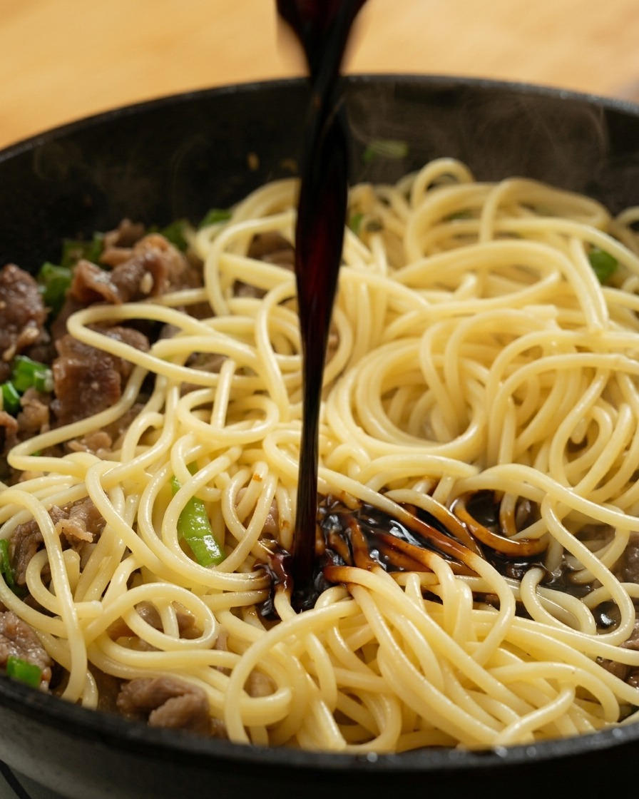 Pouring a dark, savory sauce over cooked spaghetti and beef slices in a hot pan.