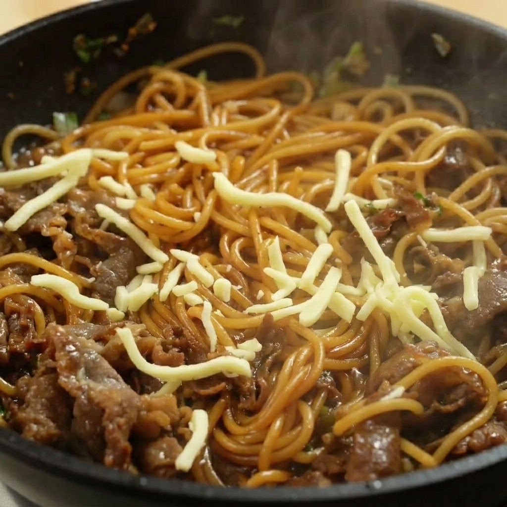 Shredded mozzarella cheese melting over a pan of hot beef stir-fried spaghetti.