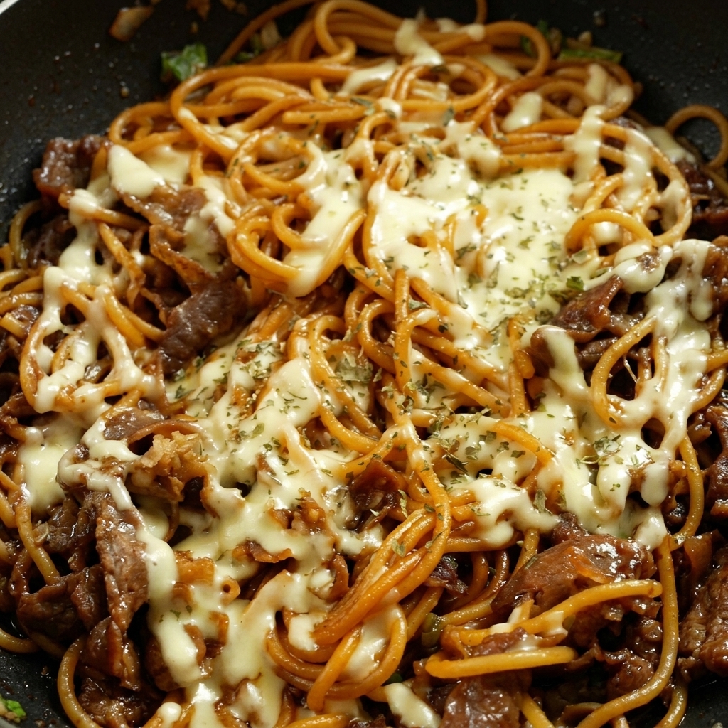 Melted mozzarella cheese over stir-fried spaghetti and beef, garnished with dried parsley.