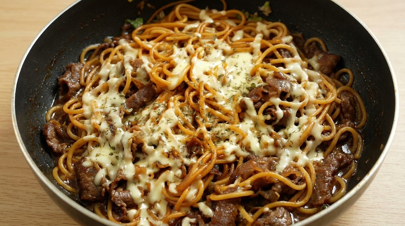 Cheesy Beef Stir-Fried Spaghetti