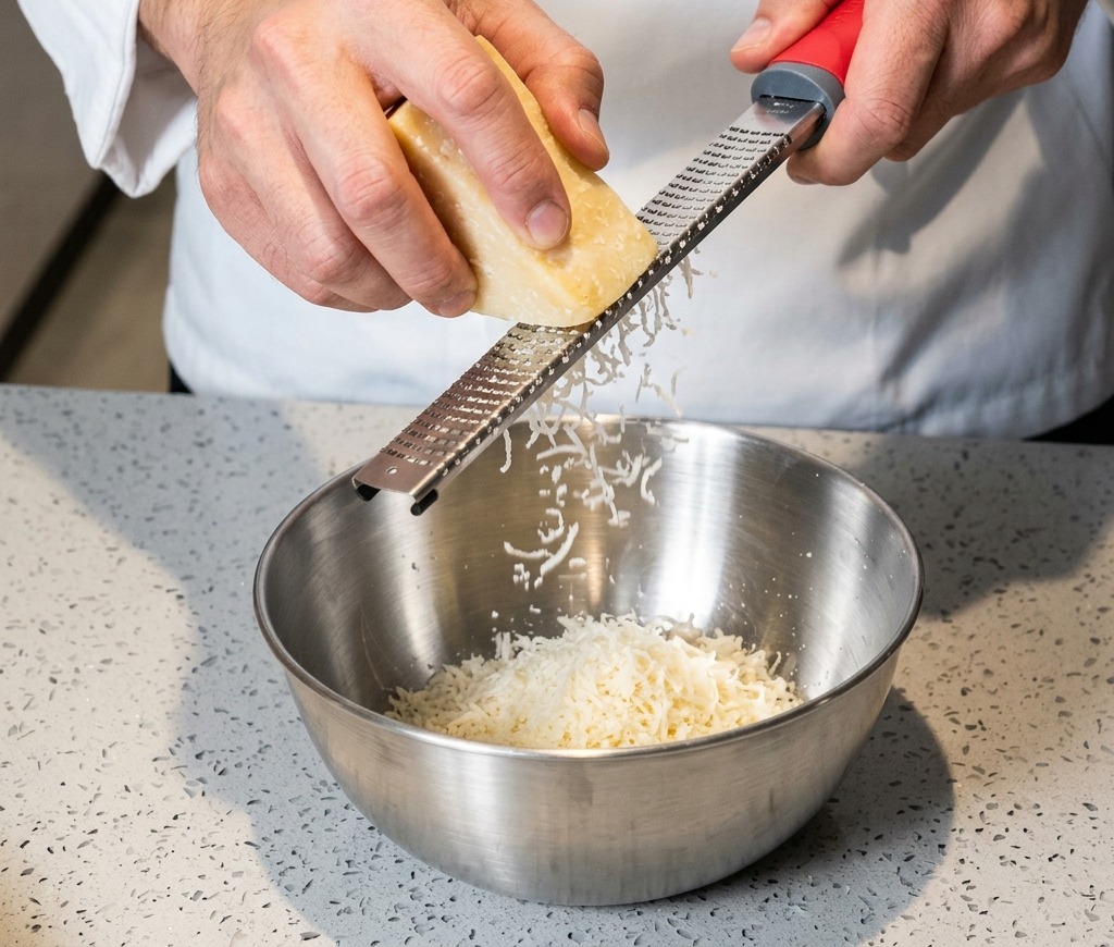 Hands holding a block of Parmesan cheese and grating it with a microplane into a stainless steel mixing bowl.