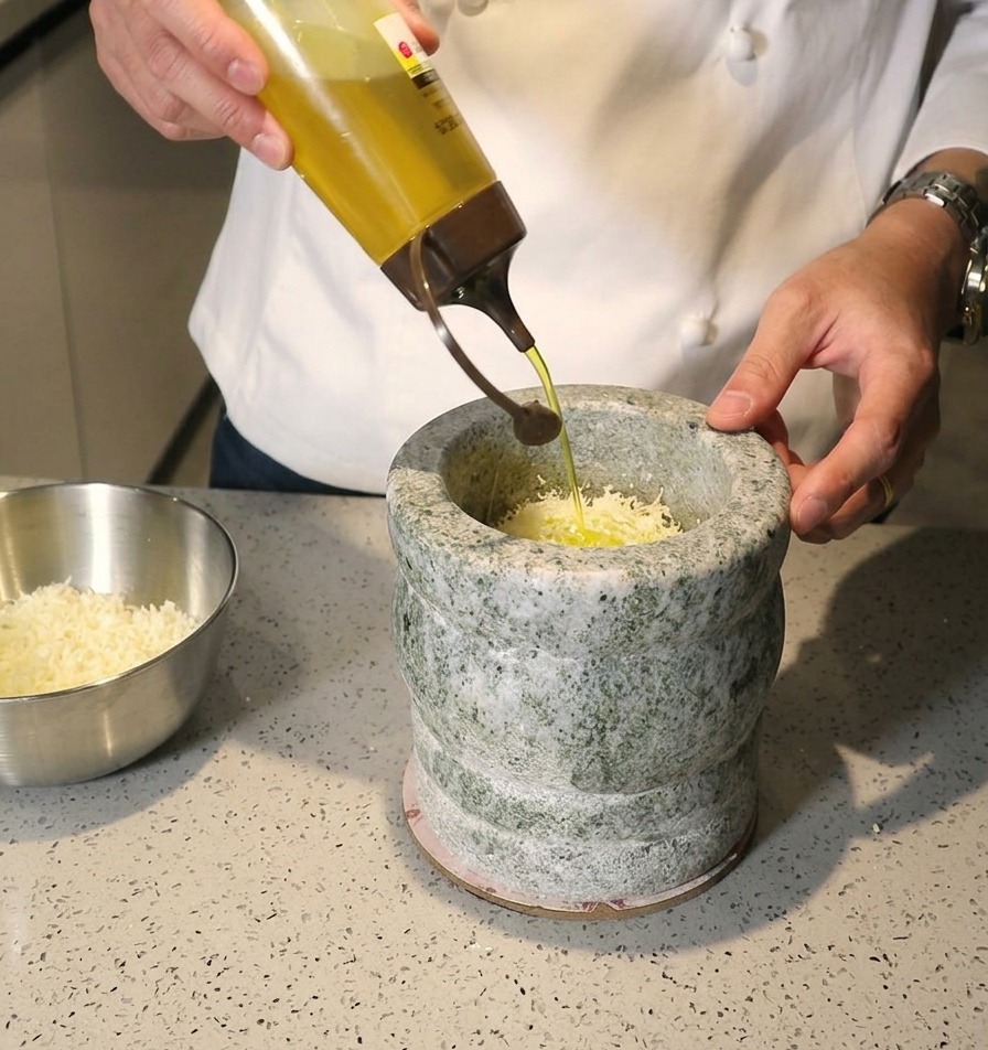 Chef squeezing olive oil from a clear dispenser bottle into a stone mortar filled with grated cheese and aromatics.