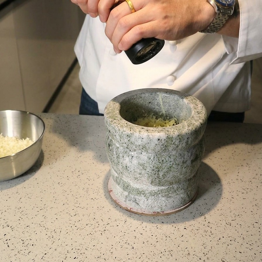 A chefs hands grinding black pepper from a mill into a stone mortar filled with ingredients.