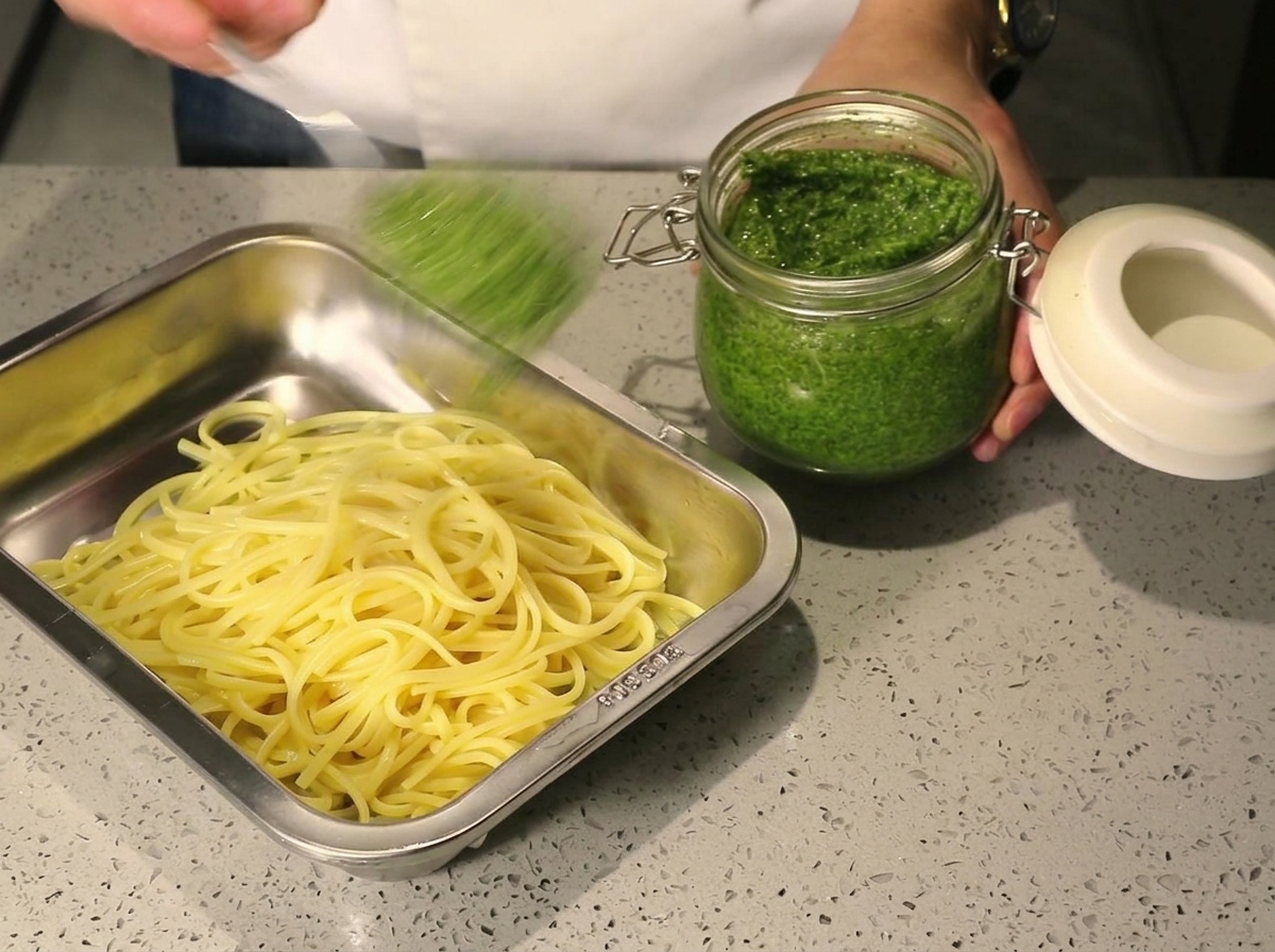 A large spoonful of vibrant green pesto being scooped from a glass jar onto plain cooked spaghetti in a metal tray.
