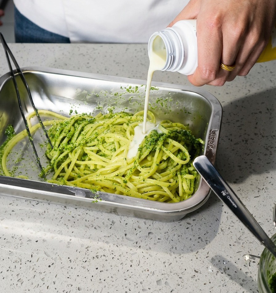 A hand pouring white cheese-flavored yogurt from a small bottle over green pesto-coated spaghetti in a metal tray.