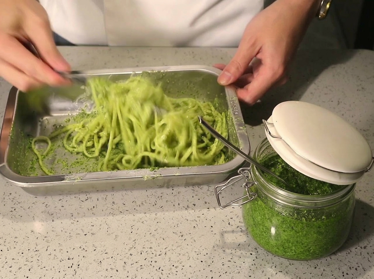 Hands actively tossing spaghetti and green pesto sauce together in a metal tray until the noodles are fully coated.