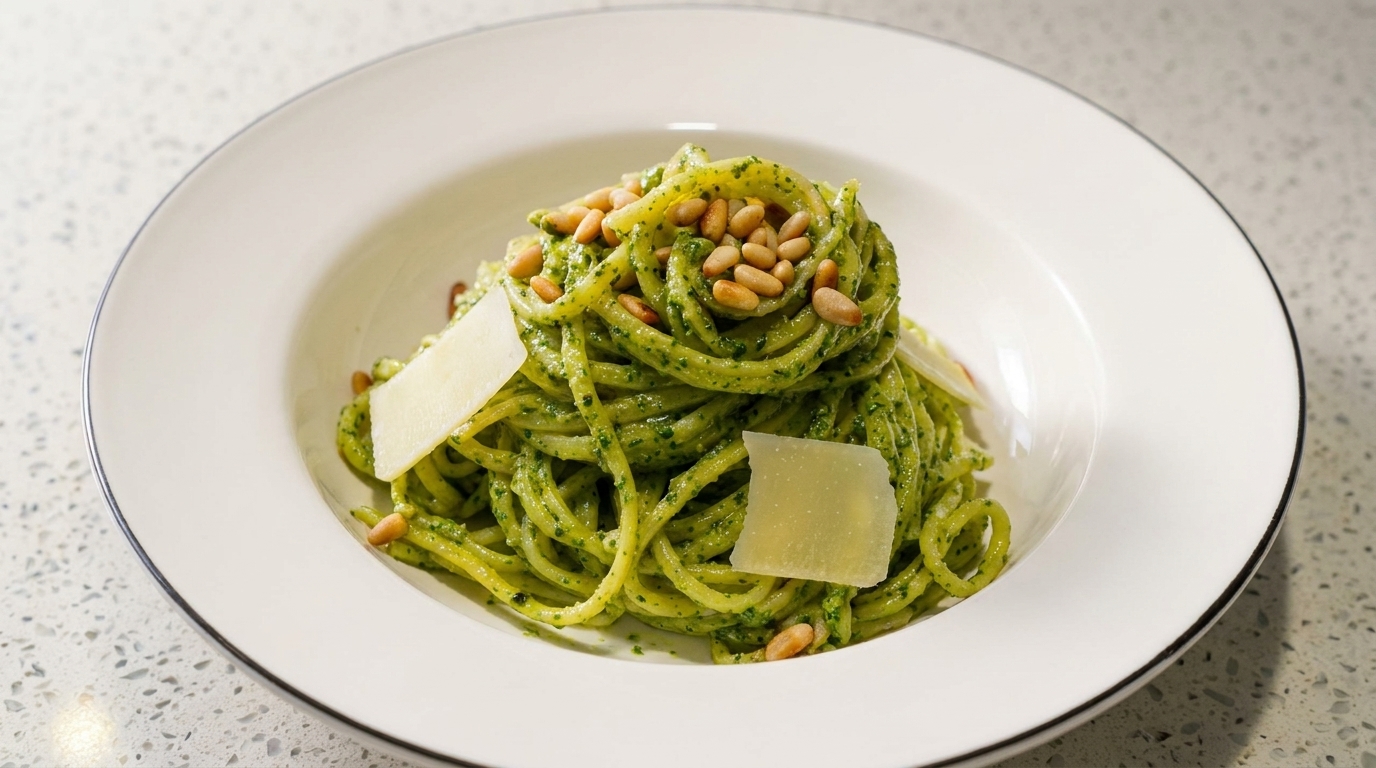 10-Minute Basil Pine Nut Pesto Pasta